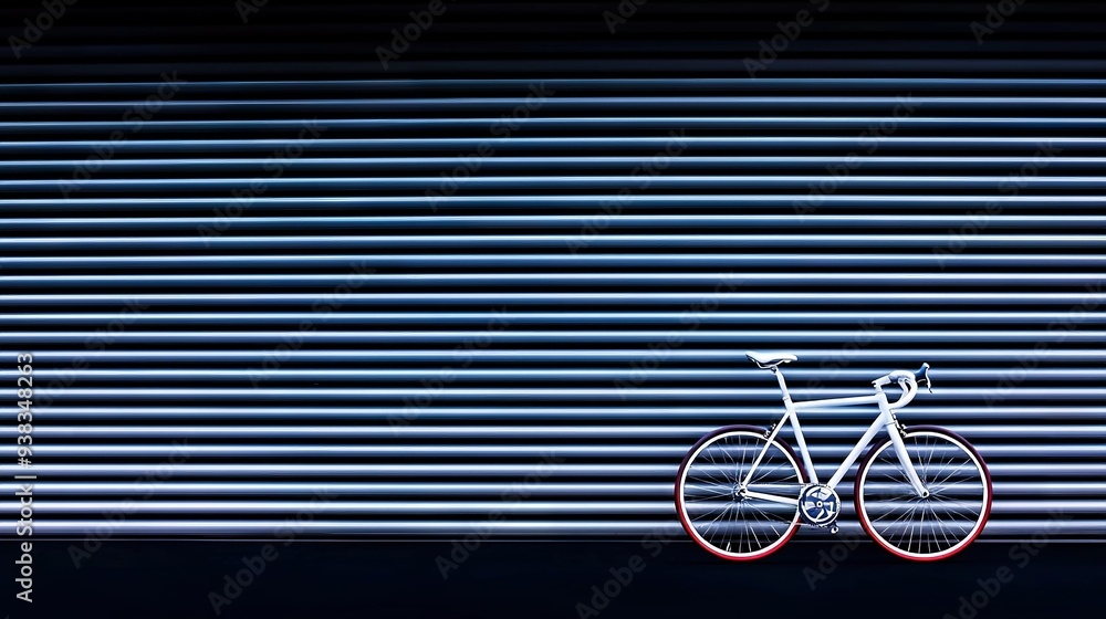   Red & white bike parked beside garage door with roller door in dark room