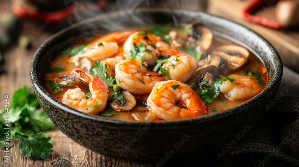 Close-up of a steaming bowl of Tom Yum Goong with plump shrimp, mushrooms, and herbs, set on a rustic wooden table Close-up of a steaming bowl of Tom Yum Goong with plump shrimp, mushrooms, and herbs, set on a rustic wooden table