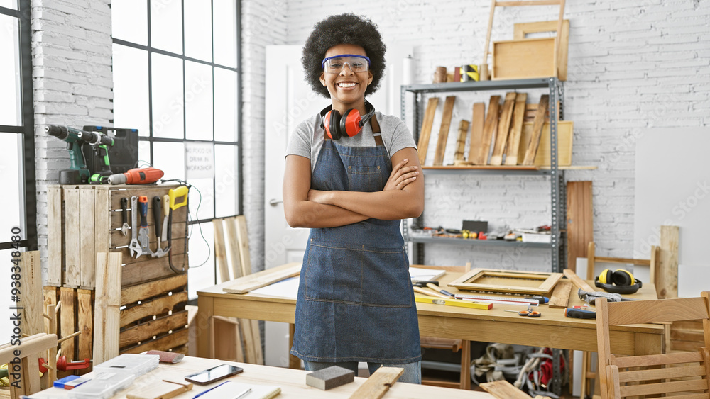 Confident woman with safety glasses and headphones stands with arms crossed in a bright carpentry workshop. Confident woman with safety glasses and headphones stands with arms crossed in a bright carpentry workshop.