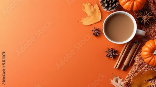   An image of a coffee cup surrounded by orange leaves, cinnamon sticks, and star anises on an orange background is visually appealing and evokes feelings of coziness and comfort photo