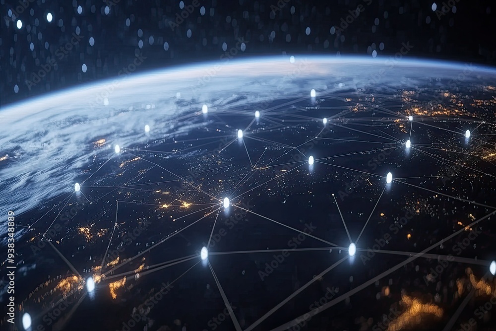 Earth with Connected Network of Illuminated Nodes at Night Earth with Connected Network of Illuminated Nodes at Night