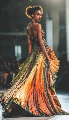 Black Woman Model in a Multicolor Dress on a Runway