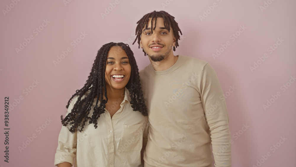A smiling man and woman standing together against a pink background, portraying a happy couple. A smiling man and woman standing together against a pink background, portraying a happy couple.
