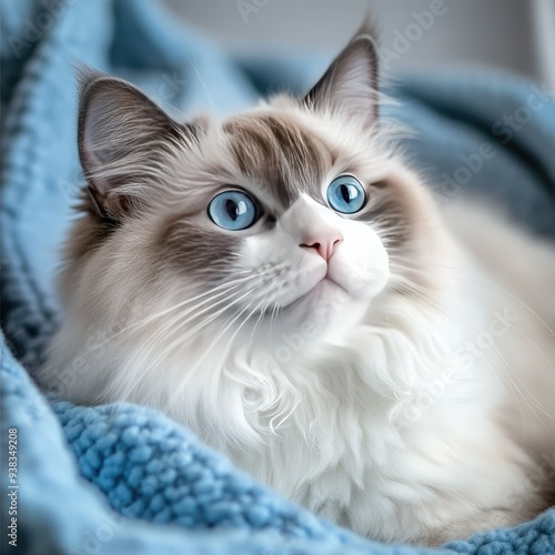 White Cat with Blue Eyes on Blue Blanket