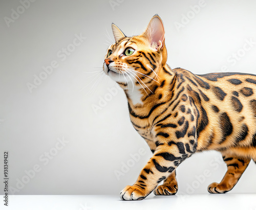 A majestic Bengal cat walking gracefully, showcasing its stunning spotted coat and vibrant green eyes.