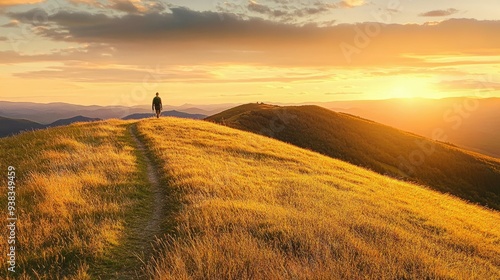 Solitary Figure on a Hilltop Path at Sunset