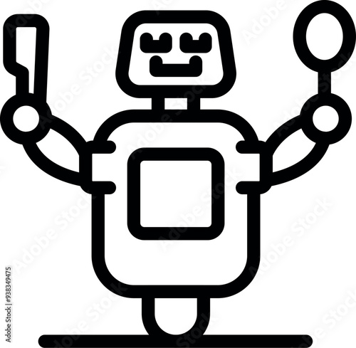 Smiling robot is holding a spatula and whisk, suggesting its role as a chef in a modern kitchen
