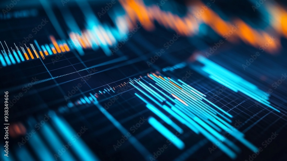 Close-up of a stock market analysis chart with a mix of bar graphs and line graphs highlighting key data Close-up of a stock market analysis chart with a mix of bar graphs and line graphs highlighting key data