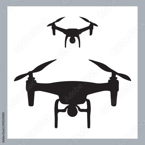 Drone quadcopter with camera black symbol, Black silhouette of military drone. Top, front and side view. Army aircraft for intelligence and attack, silhouette of a drone flying