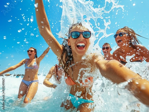 Group of young friends, having fun at the beach, splashing in water, enjoying their vacation together.