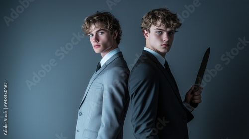 Businessmen Holding Knife Behind Another in Dark Setting. Rivals or frenemies photo