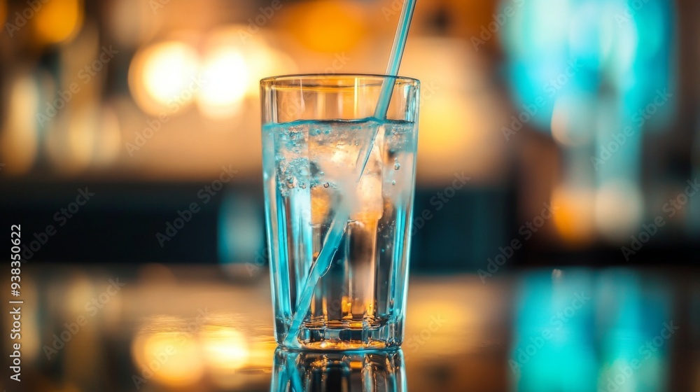 Close-up of a tall glass of water with a straw and a reflection on the surface Close-up of a tall glass of water with a straw and a reflection on the surface