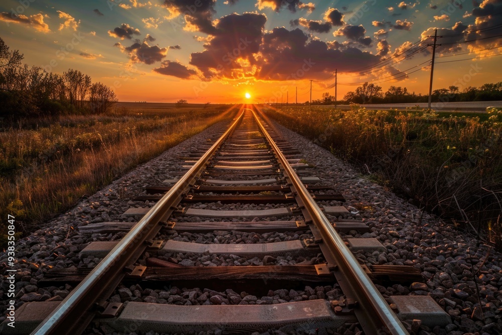 Sunset scene on a train track with a beautiful orange and pink sky, ideal for travel or adventure themes Sunset scene on a train track with a beautiful orange and pink sky, ideal for travel or adventure themes