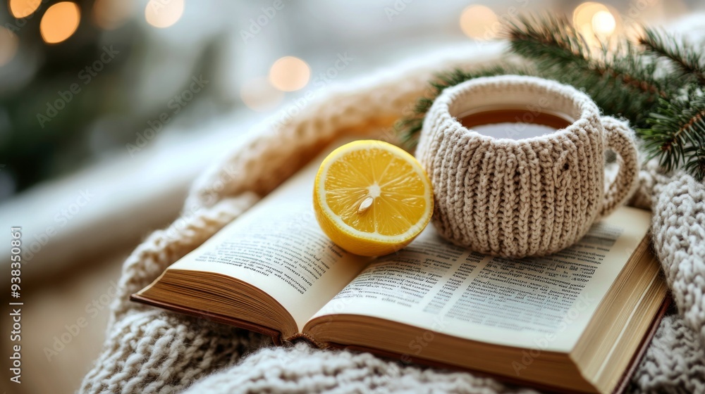 Cozy winter setting with a warm drink, lemon slice, and an open book by candlelight Cozy winter setting with a warm drink, lemon slice, and an open book by candlelight