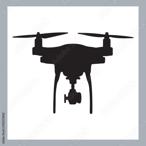 Drone quadcopter with camera black symbol, Black silhouette of military drone. Top, front and side view. Army aircraft for intelligence and attack, silhouette of a drone flying