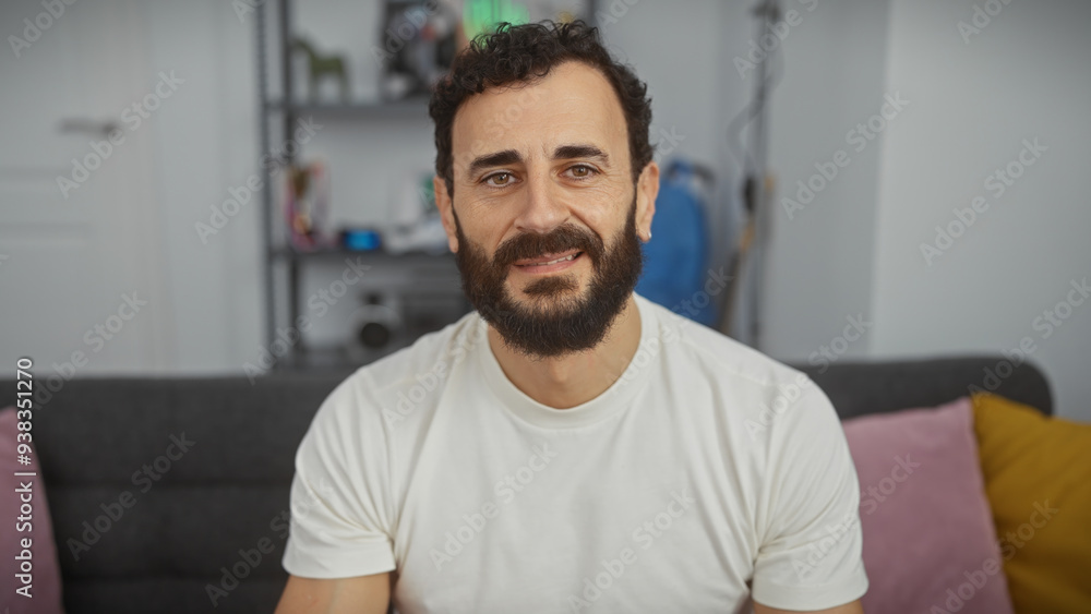 Middle-aged man with a beard smiling in a modern living room Middle-aged man with a beard smiling in a modern living room