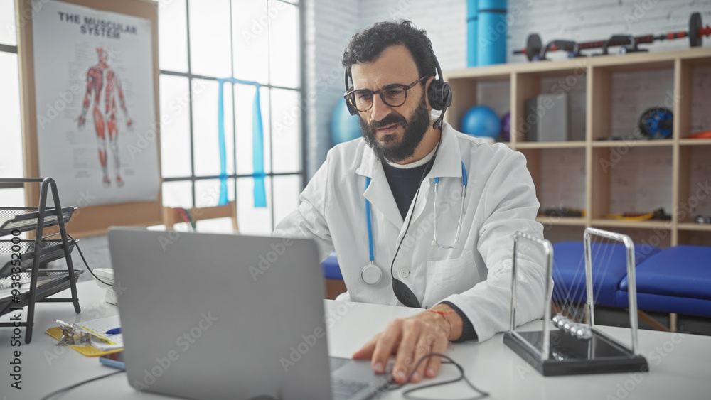 A middle-aged bearded man in a lab coat working on a laptop in a hospital office with a newton's cradle on the desk. A middle-aged bearded man in a lab coat working on a laptop in a hospital office with a newton's cradle on the desk.