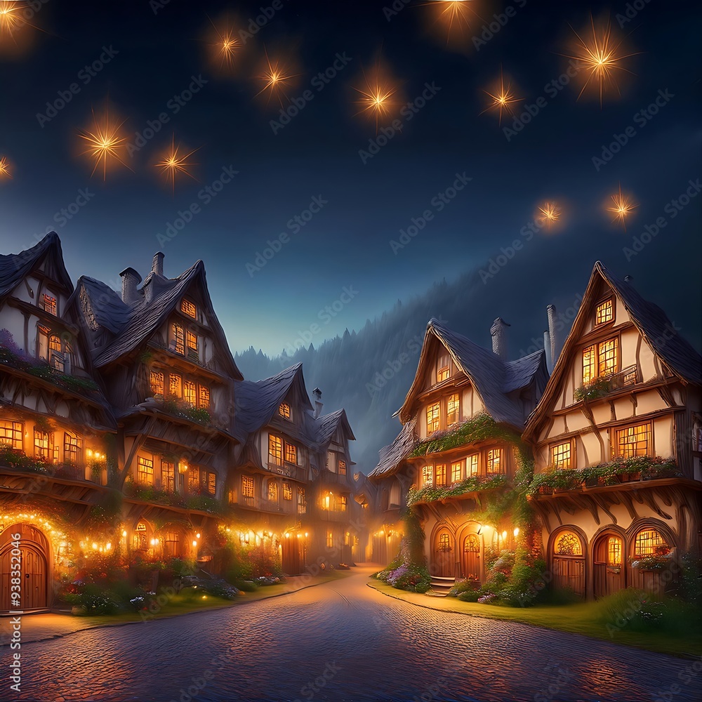 Whimsical Village With Glowing Lights Illustration Whimsical Village With Glowing Lights Illustration