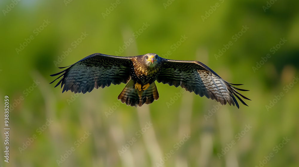 Fototapeta premium male harrier in flight, wings spread wide against the backdrop of green grass and reeds