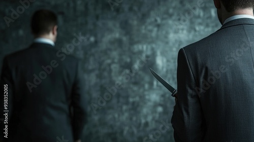 Businessman Holding Knife Behind Another in Dark Setting photo