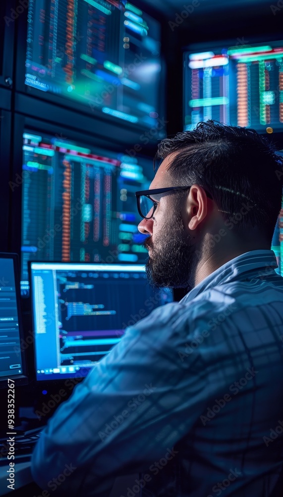 It programmer developing software and hardware in a high tech data center with multiple monitors It programmer developing software and hardware in a high tech data center with multiple monitors