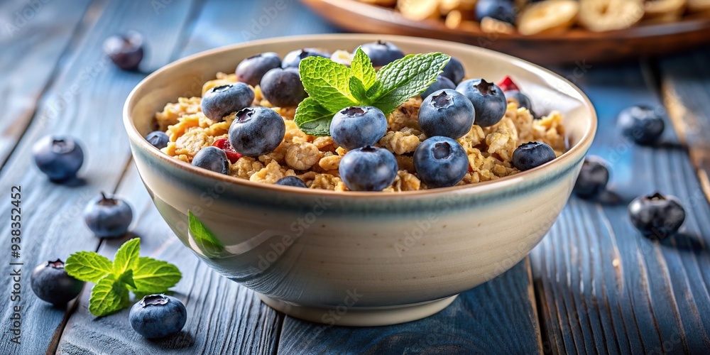 A medium shot of a delicious bowl of muesli with fresh blueberries, fruit, tasty, organic, berries, nutrition,healthy, food, meal, crunchy, snack, delicious, breakfast, natural, yogurt, bowl A medium shot of a delicious bowl of muesli with fresh blueberries, fruit, tasty, organic, berries, nutrition,healthy, food, meal, crunchy, snack, delicious, breakfast, natural, yogurt, bowl