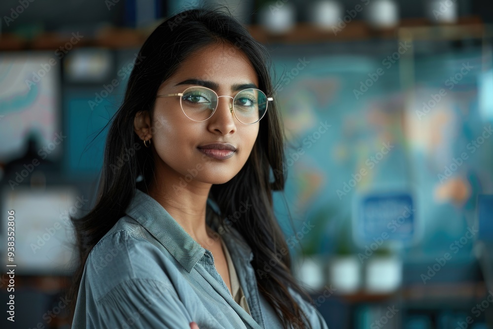 A woman wearing glasses stands near a map, possibly planning a trip or route A woman wearing glasses stands near a map, possibly planning a trip or route