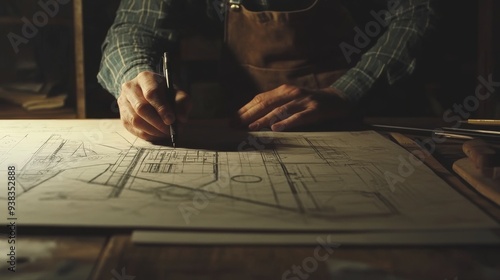 ETREME close-up of a drafting table of an architect drawing a project, dark ambience, night working  photo