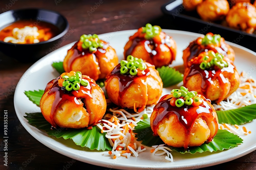 Delicious Asian Food with Sweet Sauce and Green Onion Garnish. Delicious Asian Food with Sweet Sauce and Green Onion Garnish.