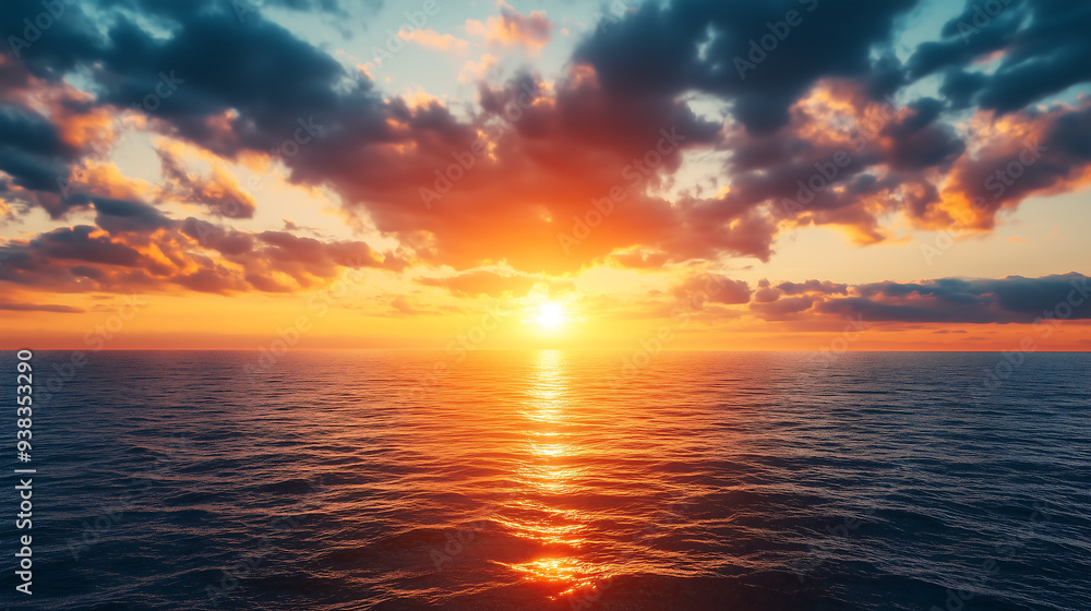 Beautiful sunset over the ocean with dramatic clouds and the sun reflecting on the water Beautiful sunset over the ocean with dramatic clouds and the sun reflecting on the water