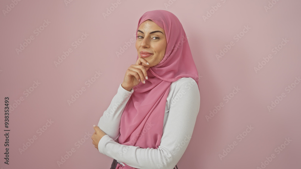 A confident young hispanic woman wearing a pink hijab poses against an isolated pink background, embodying beauty and culture. A confident young hispanic woman wearing a pink hijab poses against an isolated pink background, embodying beauty and culture.