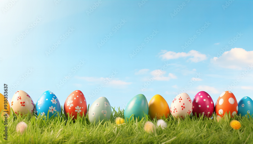 Colorful Easter Eggs lying in beautiful green gras on a sunny day - Generativ AI Colorful Easter Eggs lying in beautiful green gras on a sunny day - Generativ AI
