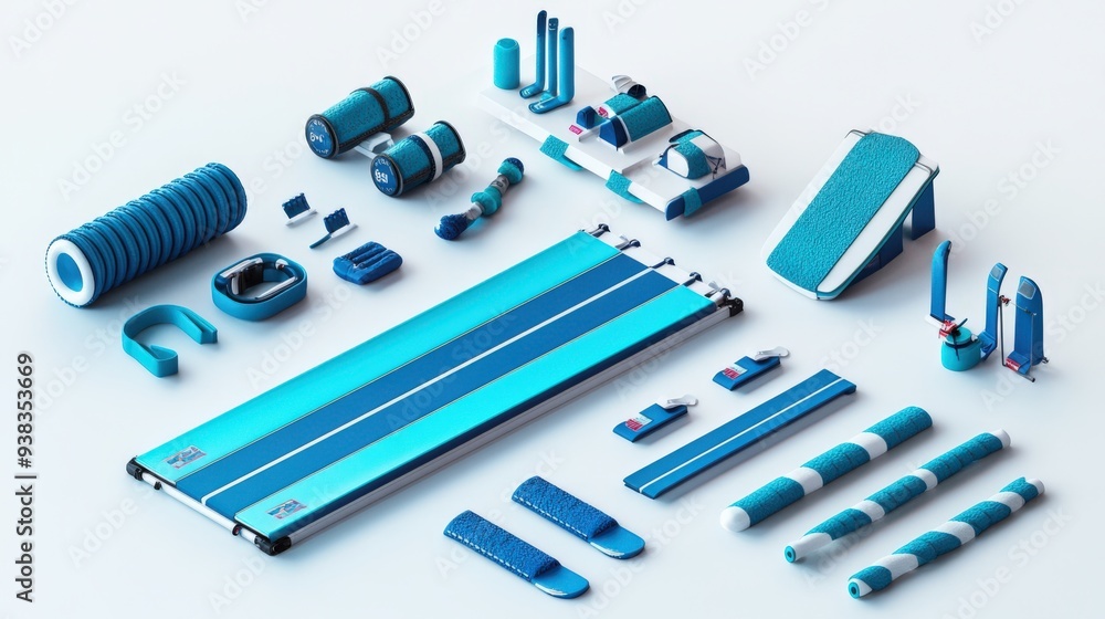 A collection of fitness equipment in vibrant blue tones, perfect for gym, home workout, and athletic lifestyle photography. A collection of fitness equipment in vibrant blue tones, perfect for gym, home workout, and athletic lifestyle photography.
