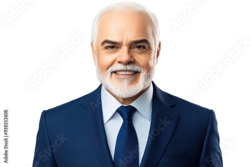 A distinguished gentleman with silver hair smiles warmly while dressed in a tailored navy suit, embodying confidence and professionalism against a clean white background