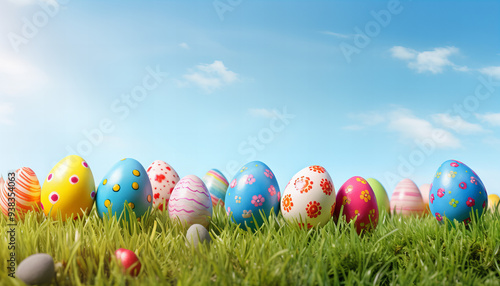 Colorful Easter Eggs lying in beautiful green gras on a sunny day - Generativ AI