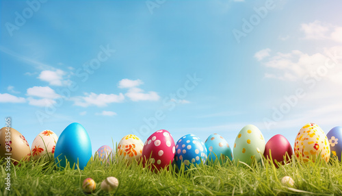 Colorful Easter Eggs lying in beautiful green gras on a sunny day - Generativ AI