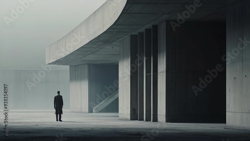 Man in a black cloak outside a biton building. Architecture of the future. Modern minimalistic architecture photo