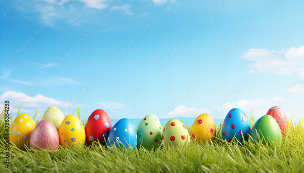 Colorful Easter Eggs lying in beautiful green gras on a sunny day - Generativ AI Colorful Easter Eggs lying in beautiful green gras on a sunny day - Generativ AI