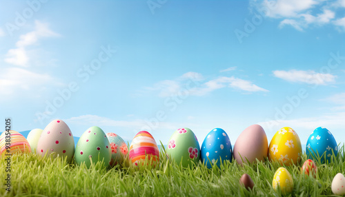 Colorful Easter Eggs lying in beautiful green gras on a sunny day - Generativ AI