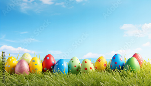 Colorful Easter Eggs lying in beautiful green gras on a sunny day - Generativ AI
