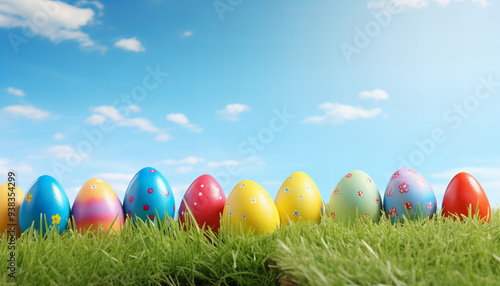 Colorful Easter Eggs lying in beautiful green gras on a sunny day - Generativ AI