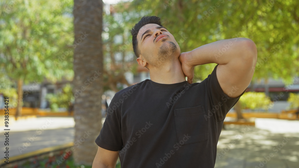 Hispanic man with beard in pain holding neck outdoors in a leafy city park Hispanic man with beard in pain holding neck outdoors in a leafy city park