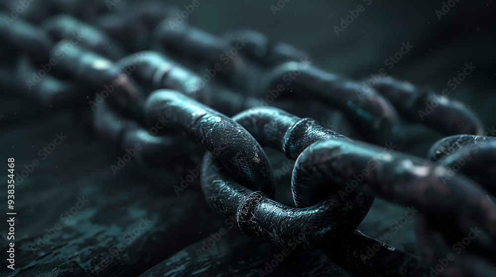 A dark, heavy metal chain lies on a dark surface.
A dark, heavy metal chain lies on a dark surface.