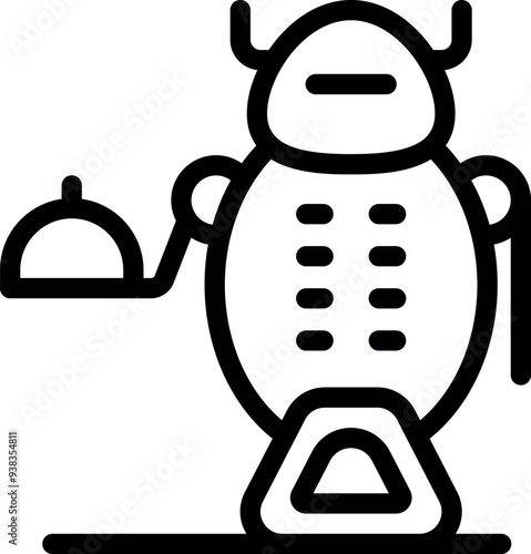 Robot waiter holding a cloche over a tray, ready to serve a meal