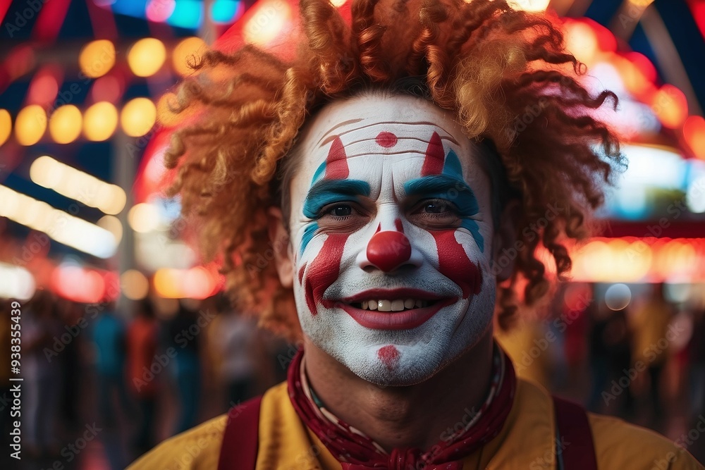 Men wearing clown costume and makeup, blurred crowd of people watching on the background.Portrait of a joyful clown with a beaming smile and a classic red nose, embracing the vintage circus atmosphere Men wearing clown costume and makeup, blurred crowd of people watching on the background.Portrait of a joyful clown with a beaming smile and a classic red nose, embracing the vintage circus atmosphere