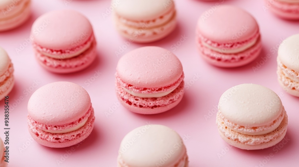 Pastel pink and white macarons arranged in a neat pattern on a pink background, highlighting their delicate texture and vibrant colors. Pastel pink and white macarons arranged in a neat pattern on a pink background, highlighting their delicate texture and vibrant colors.