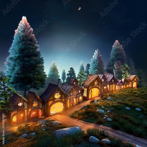 Glowing Trees In Fantasy Forest Village Illustration photo