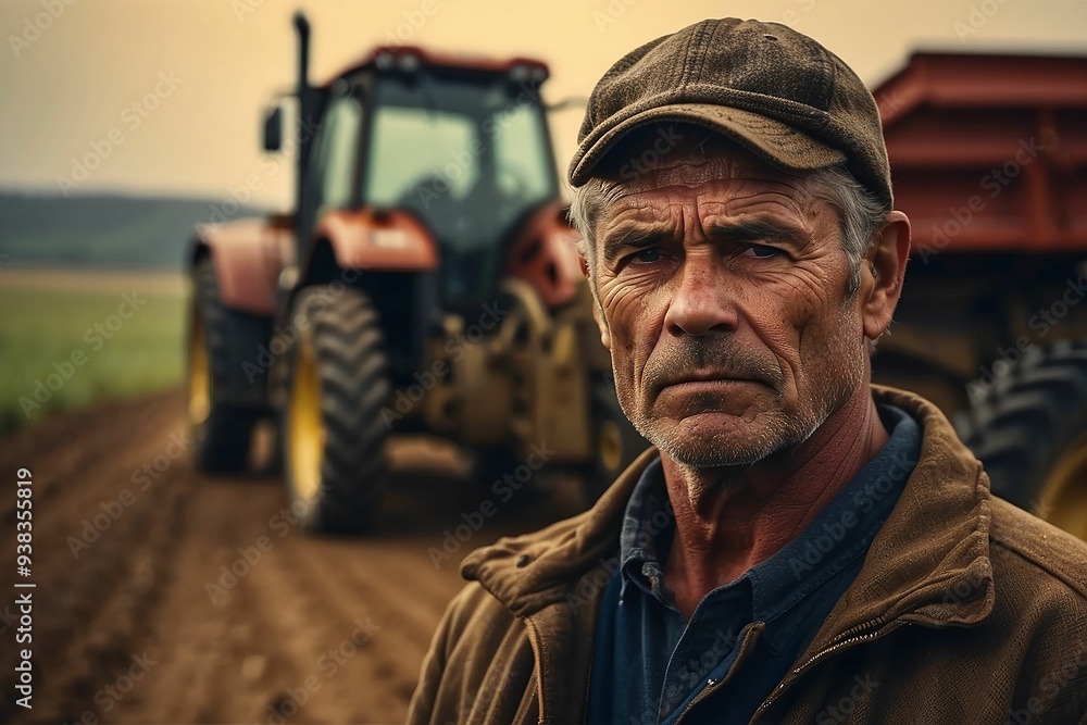 Portrait of an experienced middle-aged farmer posing in a field in front of a tractor or combine harvester during sunset. Rugged middle-aged farmer standing confidently with a modern red tractor Portrait of an experienced middle-aged farmer posing in a field in front of a tractor or combine harvester during sunset. Rugged middle-aged farmer standing confidently with a modern red tractor