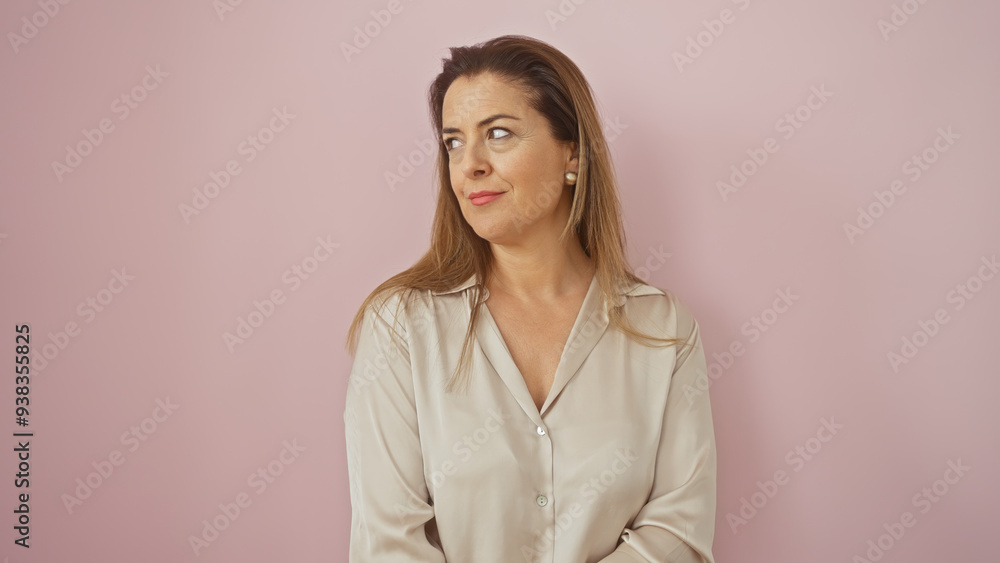 A contemplative hispanic woman in a beige blouse poses against a pink background, exuding elegance and charm. A contemplative hispanic woman in a beige blouse poses against a pink background, exuding elegance and charm.