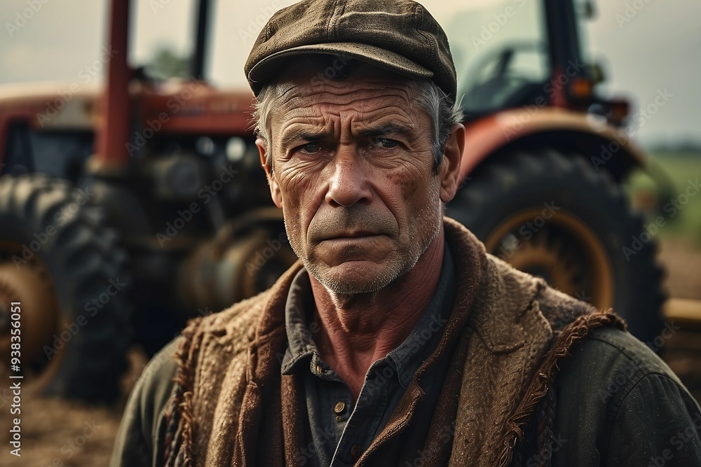 Portrait of an experienced middle-aged farmer posing in a field in front of a tractor or combine harvester during sunset. Rugged middle-aged farmer standing confidently with a modern red tractor Portrait of an experienced middle-aged farmer posing in a field in front of a tractor or combine harvester during sunset. Rugged middle-aged farmer standing confidently with a modern red tractor